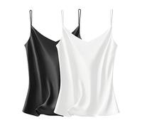 VIDUSSA Débardeurs Femmes Chemise Satin sans Manches Chemisiers Col V Blouse Haut T-Shirt Cami Tops 2 Pack BW XXL