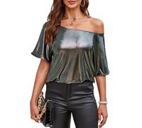 VIDUSSA Hauts à paillettes pour femmes - Chemisier à épaules dénudées à manches courtes élégant pour une soirée, gris, XXL