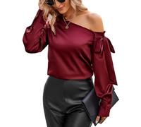 VIDUSSA Satin Chemise Femme Chic - Élégant Blouses Manches Longues Épaules Dénudées Vetement de Soirée Rouge Vin Large