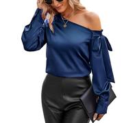 VIDUSSA Satin Chemise Femme Chic - Élégant Blouses Manches Longues Épaules Dénudées Vetement de Soirée Bleu Marine Small