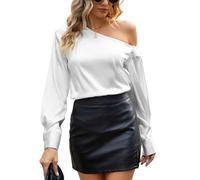 VIDUSSA Satin Chemise Femme Chic - Élégant Blouses Manches Longues Épaules Dénudées Vetement de Soirée Blanc Medium