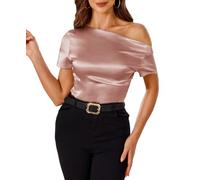 VIDUSSA Satin Chemisier Femme Chic - Élégant et Ajusté Blouse à Manches-Courtes avec Épaule-Dénudée pour l'Été Rose X-Large