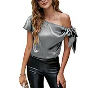 VIDUSSA Satin Chemisiers Blouses Femme Épaule décolletée Chemise Chic Élégante Casual Soie Shirts Tops Hauts Gris 3XL