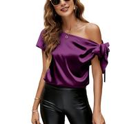 VIDUSSA Satin Chemisiers Blouses Femme Épaule décolletée Chemise Chic Élégante Casual Soie Shirts Tops Hauts Violet S