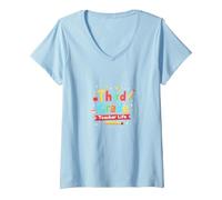 Vie de l'enseignant de troisième année : Aventure éducative colorée T-Shirt avec Col en V, Femme, Bleu Céleste, M