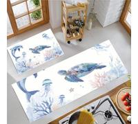 Vie Marine À L'Aquarelle 2 Pièces Tapis de Cuisine, Antidérapant Absorbant Lavable en Machine,Bleu Clair Tapis de Coureur, Dauphin Tortue Méduse Imprimé Paillasson de Cuisine, 50x80+50x120cm