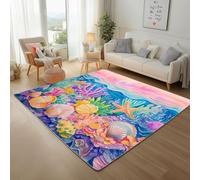 Vie Marine Avec Coquillages et Étoiles de Mer Tapis pour Chambre 60x110cm Tapis Antidérapant Rayures Ondulées Coloré Doux au Toucher Décoration pour Salon, Cuisine, Lavable en Machine Descente de Lit