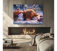 VIEAXSQU Tableau représentant une vache des Highlands, toile de Noël, décoration murale hivernale avec animaux de la ferme (60 x 90 cm/avec cadre)