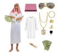 Viechoes Costume de Cheikh Arabe pour Homme,Robe arabe blanche,costumes arabes,costume le cheik avec Doigt Bague Colliers Lunettes de soleil Foulard pour Carnaval, Fêtes, Cosplay (XL)