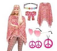 Viechoes Déguisement Hippie Femme, Tenue Hippie Femme 60/70 Ans avec cape hippie, Bandeaux Tie-Dye/Fleuri, Ohrringe Peace & Lunettes Vintage, Idéal pour Soirées Thème