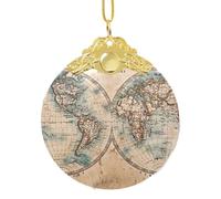 Vieille carte du monde imprimée Décoration de Noël à suspendre, pendentif rond en verre pour sapin de Noël, décoration de maison festive