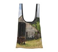 Vieille grange en bois avec imprimé tracteur rouillé, pliable, réutilisable, sac d'épicerie léger pour les courses, les voyages, la plage, sac fourre-tout compact et respectueux de l'environnement