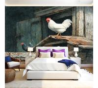 Vieille Grange En Bois Papier Peint Panoramique Famille d'animaux coqs 3D Trompe L'oeil Moderne Papier Peint 250 x 175 cm Grandes Murales Poster pour Salon, Adulte Chambre d'enfants, Étude Décor