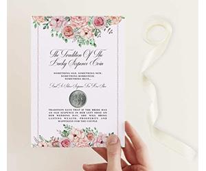Vieille pièce de six pence et carte de mariage pour mariée, quelque chose de vieux, quelque chose de nouveau, quelque chose d'emprunté, quelque chose de bleu, et une pièce de six pence pour sa