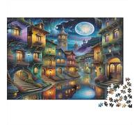 Vieille Ville au Clair de Lune Puzzle 1000 pièces Vue de Nuit sur Le Canal Carton Amateurs de Puzzles Rencontres Entre Amis 52x38cm
