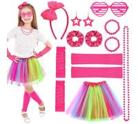 ViEinkaufen Déguisement des années 80 pour fille, ensemble d'accessoires de déguisement des années 90 avec tutu, jambières, gants, lunettes de soleil, boucles d'oreilles, collier, bandeau, chouchou