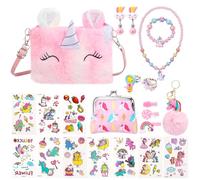 ViEinkaufen Lot de 13 ensembles de bijoux pour enfants, cadeaux licorne pour filles de 4, 5, 6 ans avec sac à bandoulière, porte-monnaie, collier, bracelet, autocollants, idéal pour les cadeaux