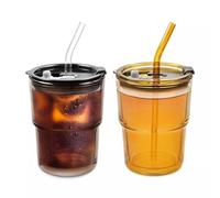 vienberg Impolio - Lot de 2 verres de 400 ml - Avec couvercle en verre et paille - Gobelets à emporter en verre anti-fuite