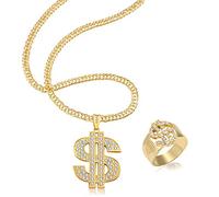 Vientiane Hip Hop Dollar Collier et Anneaux, Chaîne Plaquée de Rappeur, Bague Plaquée Hip-Hop, Chaîne de Pendentif Signe Dollar, Rap Singer or Chaîne de Pendentif Dollar, Accessoires de Rappeur