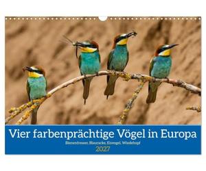 Vier farbenprächtige Vögel in Europa (Wandkalender 2027 DIN A3 quer), CALVENDO Monatskalender: Vier außergewöhnliche Vögel Europas.