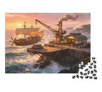 Vieux Bateau à Vapeur Quai Puzzle 1000 Pièces Papier pour Adultes Scène de Port au Coucher du Soleil Jeu de Puzzle 1000 Pièces Détente Cadeau Maison 38x26cm/1000pcs
