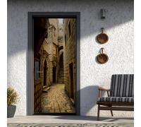 Vieux Château Stickers de Porte Ruelle Sticker Porte 77x200 cm, Méditerranée Porte Trompe L'oeil Amovible Imperméabl Chambre Cuisine Bain Salle