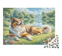 Vieux Chien de Berger polonais Papier Mélange de Colley près d’Un lac dans Une Prairie Fleurie Puzzle pour Enfants de +12 Ans Cadeau de Noël Amusant 52x38cm/1000 pièces