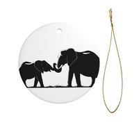 Vieux éléphant et jeune éléphant imprimé double face diamètre 7,3 cm décoration de fête de vacances Halloween et Noël pendentif circulaire en céramique