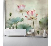 Vieux Gris Papier Peint Panoramique Intissé Décoration - Fleurs Lotus Aquarelles Vintage Papier Peint Panoramique Moderne Pour Chambre Salon Chambre D'Enfants, 300 X 210 Cm
