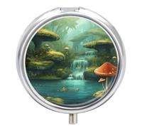 View of Fantasy River Pilulier de voyage à 3 compartiments avec miroir - Pilulier quotidien en métal pour sac à main et poche - Petite boîte à médicaments ronde - Boîte à vitamines