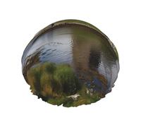 View of The Dunguaire Bonnet de douche réutilisable et imperméable pour homme et femme Bande élastique Double couche Lavable Pour toutes les coiffures Facile à transporter