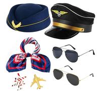 Vifcotlyp Costume de pilote 7 pièces pour homme et adulte, accessoires de costume d'hôtesse de l'air pour femme, chapeau de capitaine pilote, chapeau d'aviateur, lunettes de soleil, écharpe, broches
