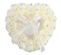 VIFERR Oreiller D'anneau, Boîte à Bagues de Mariage en Forme de Coeur Romantique Rose Strass Decor Coussin d'oreiller, Blanc Laiteux