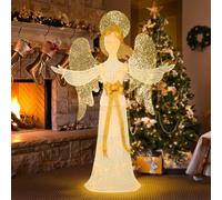 Vigdur Anges de Noël lumineux de 1,2 m - Décorations de Noël 3D pailletées avec lumières LED, halo, nœud, piquets, décoration de Noël extérieure pour Noël, pelouse, cour, jardin