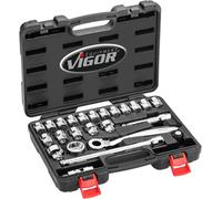 VIGOR 1/2'STECKS-SETZ SUPERFLACH 24 TLG., Longueur:nv, Version:24 pcs, Entraînement:Carré creux 12,5 mm (1/2 pouce) Douilles sans rodage