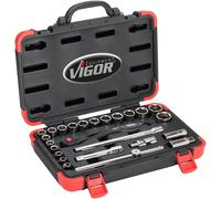 VIGOR 1/2'STECKSCHLESSETZ SUPERFLACH 24 TLG., Longueur:nv, Version:25-tlg., Entraînement:Carré creux 15.5 mm (1/2 Zoll)