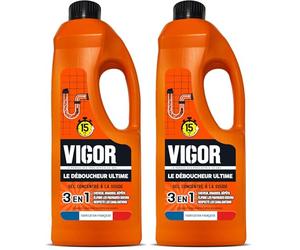 Vigor | Le Déboucheur Ultime | Cheveux, graisse et dépots | Elimine les mauvaises odeurs | Respecte les canalisations | Gel concentré à la soude | 1L (Lot de 2)