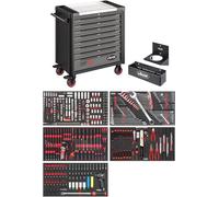 VIGOR Servante d'atelier série XL V4481-X/466 avec jeu de clés à douille et tournevis, pinces, support de visseuse à percussion, 8 tiroirs, verrouillable, plan de travail en acier inoxydable, capacité