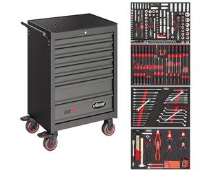 Vigor V2379N/210 Series M Servante d'atelier 210 pièces avec 7 tiroirs, capacité de Charge 400 kg, Verrouillage centralisé, revêtement en Poudre, poignée de Marche, roulettes pivotantes avec Frein