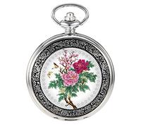 VIGOROSO Montre de poche à quartz avec pendentif pivoine et peinture émaillée en argent Steampunk Coffret cadeau, Fleur3_Blanc