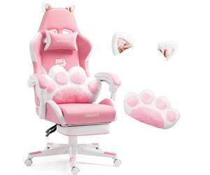 Vigosit Chaise de jeu PC mignonne, ergonomique, avec coussin lombaire et oreilles de chat, repose-pieds réglable, pour filles, adolescentes, enfants, rose