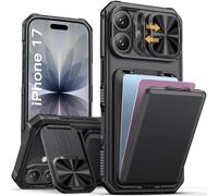 Vihibii Coque pour iPhone 17 Porte Carte (2 à 4 Cartes), Noir | Support & Protection Objectif, Béquille pour Caméra et Portefeuille, Silicone Militaire Robuste Antichocs Étui pour iPhone 17