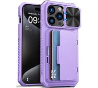 Vihibii pour iPhone 15 Pro Coque avec Porte Carte & Protection Cache Camera, TPU Protection Militaire Antichoc & Anti Rayures Case Robuste ÉTui pour iPhone 15 Pro 5G 6.1 Pouces (Violet)