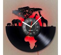 Viiluuxr Disque Vinyle Pendules Murales 30 cm de Diamètre Savane Africaine Motif Horloge Digitale LED Moderne Horloge Cuisine Salon Lumineuse Silencieuse sans Tic-tac Éléphant Girafe Décoration.