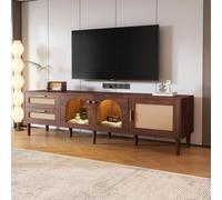 Viitech Meuble TV avec éclairage LED de 180 cm pour téléviseur de moins de 85" avec 2 tiroirs en rotin, 2 portes en verre bombées et 1 rotin, meuble TV, offre un rangement élégant