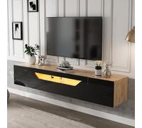 Viitech Meuble TV noir et aspect bois naturel, peu encombrant, ambiance LED et USB, pour téléviseur de 75 ", avec beaucoup d'espace de rangement