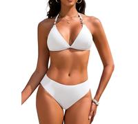 Vijamiy Maillot De Bain Femme 2 Pieces Bikini Deux Pieces Triangle Ensemble de Bikinis Rembourré Swimwear Sexy Col V Chic et Elegant avec Pearl Strings