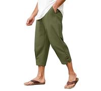 Vijamiy Short 3/4 en Lin pour Homme Pantacourt été Baggy être en Jachère Short de Plage Cordon élastique à la Taille Lin Homme Bermuda avec Poches(Vert,XXL)