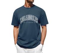 Vijamiy Tee Shirt Manches Courtes Homme 123% Coton T-Shirt d'été pour Hommes Los Angeles Monogramme Col Ras du Cou Adolescent Top Doux et Confortable(Bleu Marine,XXL)