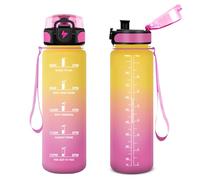 Vikastar Borraccia, 1 Litro, Borraccia Sportiva, Borraccia Motivazionale, Senza BPA, Bottiglia Acqua per Sport, Fitness, Yoga, Scuola, Ufficio, Giallo-Rosa